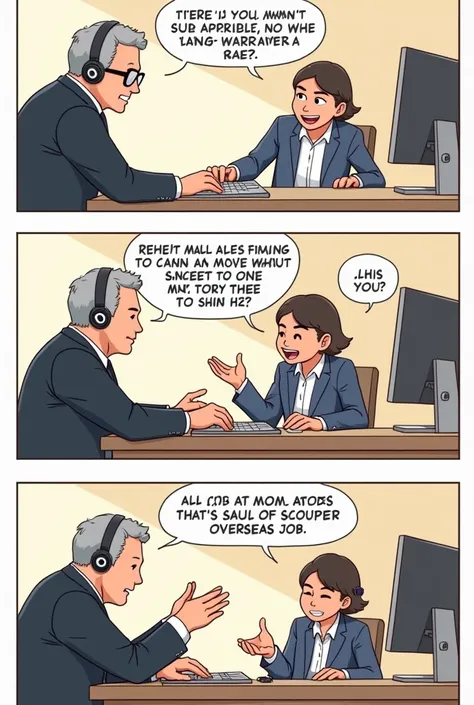 create a comics strip with 5 panels

panel 1: a man is celebrating in front of his computer "YAAAAHHUUUU!!! Finaly I got accepted in this company..."

panel 2: the man is in formal attire and wearing headphone is working in front of computer. "Thanks to th...