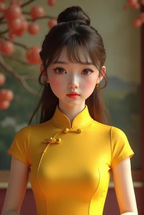 Shy girl, Exquisite facial features, Bangs, Brown Ponytail, neat hair, The hair is very realistic, Wearing a yellow Vietnamese cheongsam, The background is a large painting, banquet hall, Du Qiong, Exquisite makeup, Pale red lips, big eyes, Double eyelids,...