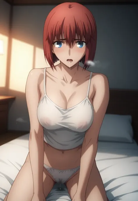 sauce_anime, ambient light,
fsn_ubw_style, 1girl ,tall girl, straight hair ,bob cut hair, red hair, deep blue eyes, hair between eyes, perfect eyes , Perfect face, expressive eyes, close up face:0.2 ,  
(show off breast), (undress camisole),navel , detaile...