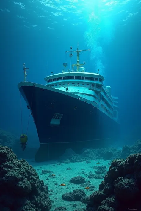 A Salvage operation to raise the MV Princess of Philippines at 100 meters with airbags at the bottom of the ship with a blue hull 