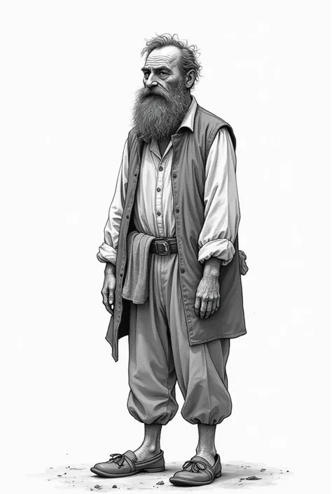 ภาพครึ่งตัว,Black and white drawing , A poor tall man with a beard, He has a tired expression. He is wearing a traditional English outfit from the 1964 period. No background