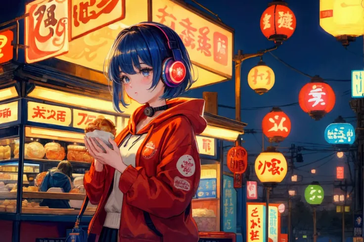 Highest quality, 4K wallpaper, masterpiece, Very detailed CG ユニティ 8k 壁紙, Very fine grain, Very detailed, Intricate details, One girl, Retro art style,Late night food stalls、Girl listening to music、Neon site light、Pop Art Style, Tokyo Tower、Girl wearing a h...