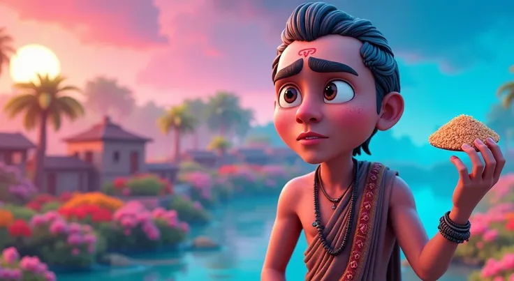 /imagine prompt: 3D animation, personality: [Depict Sudama standing at the edge of the village, holding a small handful of beaten rice in his hand. His face shows a mix of hesitation and determination, with furrowed brows and pursed lips. The path leading ...