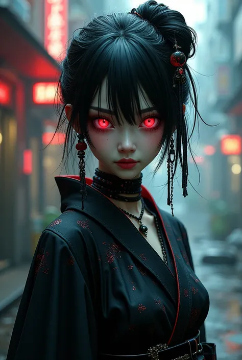 A captivating, semi-realistic, meticulously detailed illustration depicting a visually striking Asian geisha-inspired gothic girl in a dark, cyberpunk setting. The goth girls dark outfit is decorated with details, reflecting her gothic and rebellious aesth...