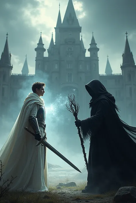 A Young King with White aura and sword vs A Black Robe witch With black aura and staff