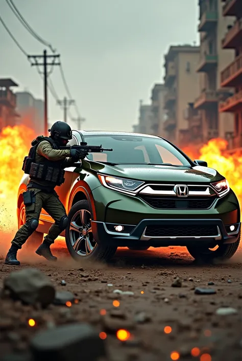 a highly detailed, photorealistic 3D render of a 5th generation Honda CRV in dark olive, chasing and engaging in a shootout and gunfight in a realistic player unknown battlegrounds environment, featuring a soldier, intricate background, cinematic lighting,...