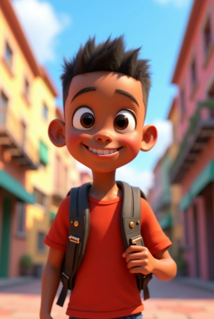 Pixar style 3D animation poster, A boy with brown skin, military haircut, dark brown, small eyes with red shirt, smiling and happy with backpack on his back going to school