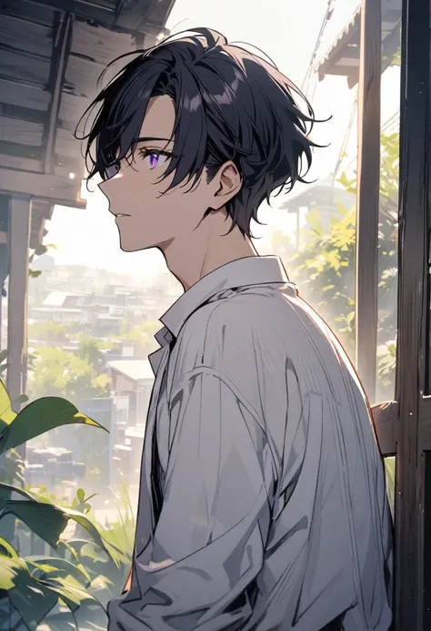 Beautiful, One, 1 man, short hair, black hair, purple eyes, white shirt,