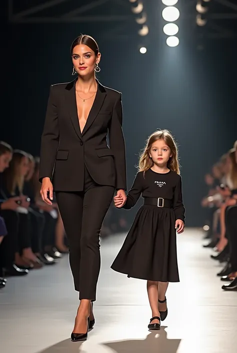 Extremely detailed mother and her little daughter wearing Prada clothes walking in a real life fashion show