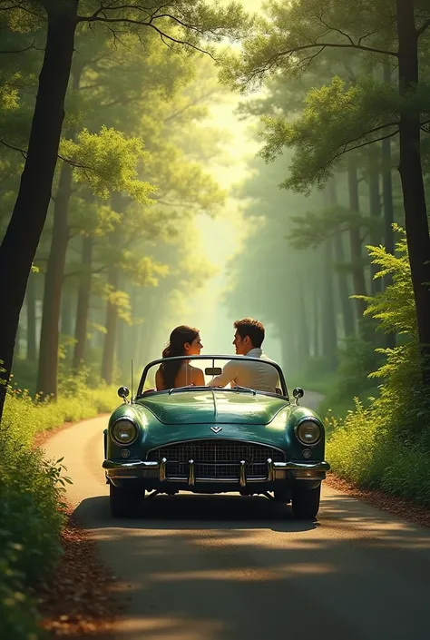 Beautiful lady driving a old car with forest  with her husband 

