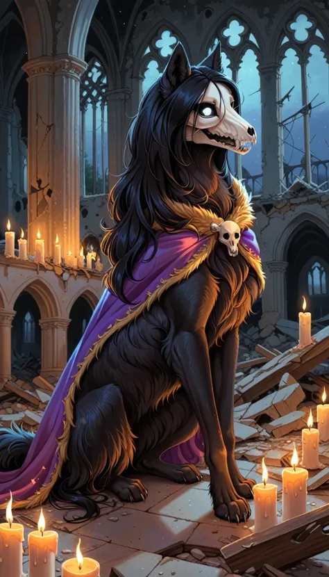 Mammal, Top quality, fullbody, masterpiece, high resolution, detailed body, hi res, absurd res, 1woman, (((feral))), close up,  (SCP-1471, MalO, female, feral, MalO body, Canine scull), (naked)),((long Royal fur Mantle:1.5), athletic, black straight hair, ...