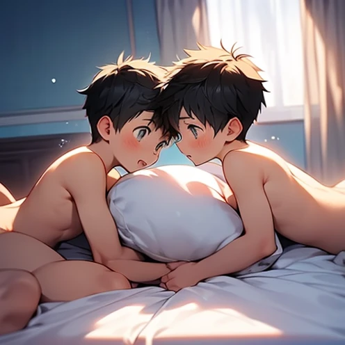 beautiful face,Shota , Completely naked,male couple , Two boys, child, 裸體躺在On the bed的男孩,front view , lying down, , Full body picture,Lick each other , On the bed,  Blushing, 