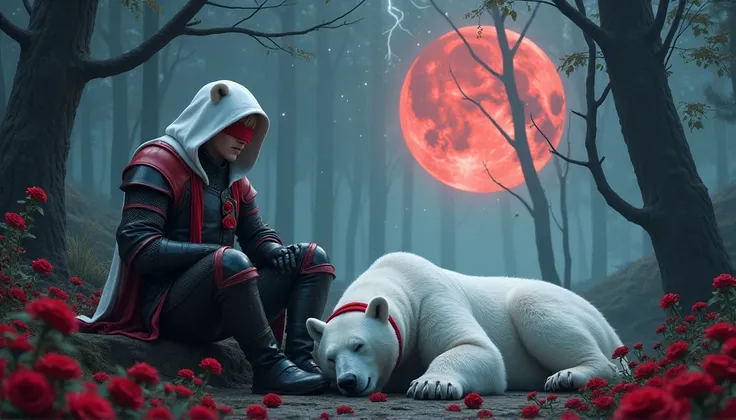 Male knight with a white hood with bear ears with sword behind his back sits on the ground towards a polar bear in a forest while the moon shines, many Roses cover the ground and lightning falls from the sky. The polar bear sleeps in front of the knight. O...