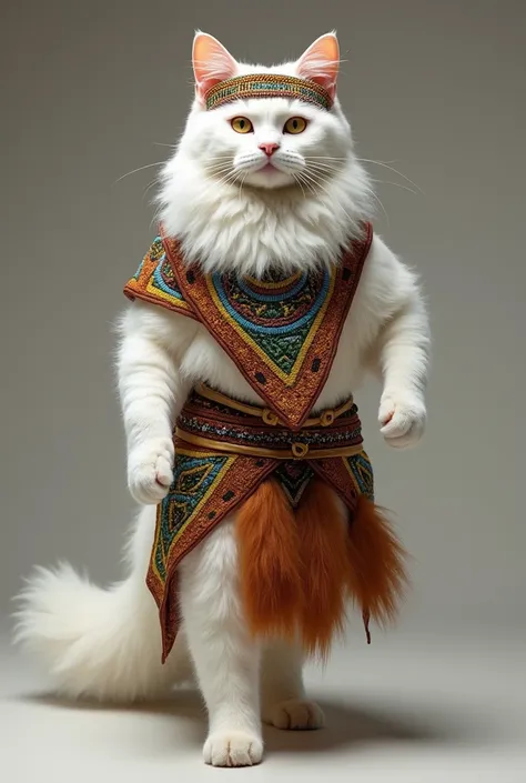 A white Persian 
strong and proud Maine Coon cat dressed in a traditional South African Zulu bridal outfit, with vibrant beadwork, a headband, and an isidwaba (leather skirt). The cat walks on two legs, radiating strength and cultural pride.