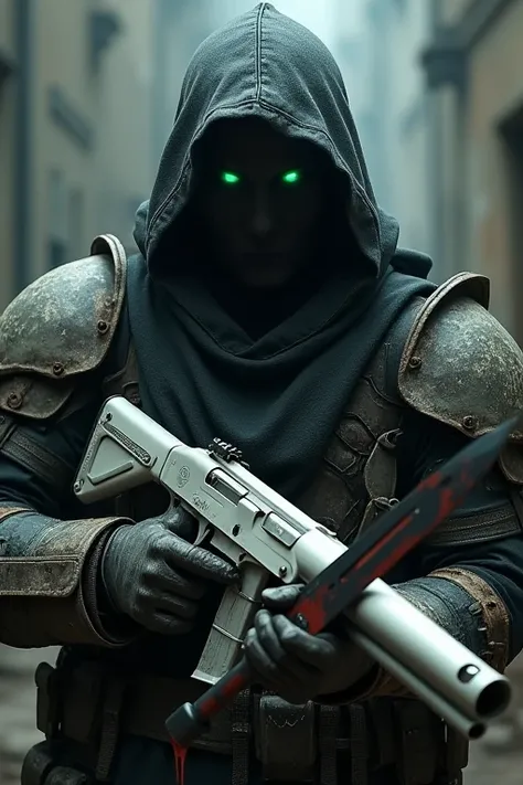 A hooded figure wearing armor. His face is hidden by the hood, but his green eyes are just visible. He is holding a white shotgun in his right hand.、In his left hand he holds a bloody black dagger.