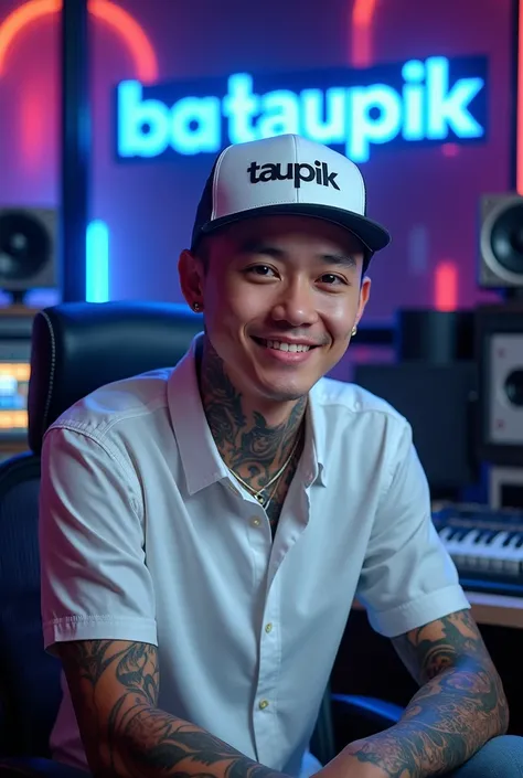 a handsome thai man aged 25 years, wearing a white hat with the words"Taupik" with a friendly smiling face facing the camera wearing a white shirt with his whole body tattooed, pierced ears, working in audio sound system with background sound system full a...