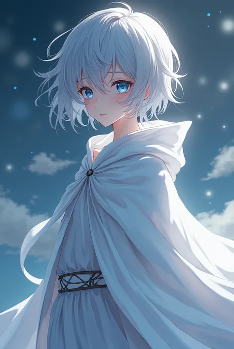 a young person with grey hair and blue eyes, wearing a white cloak, anime style, detailed facial features, full body shot, (best quality,4k,8k,highres,masterpiece:1.2),ultra-detailed,(realistic,photorealistic,photo-realistic:1.37),hyper-realistic,vivid col...