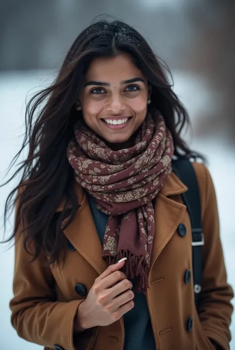 There is a young, Beautiful indian woman, who looks to the future like Katrina Kaif, Smiles into the camera, beautiful teeth, She looks into the camera, a portrait from raw photo, feet, hands, body, winter, coat, beauty scarf,
