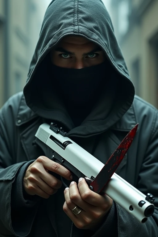 The hooded figure&#39;s face is hidden by the hood, but his kind-looking green eyes are just barely visible. In his right hand he is holding a white shotgun.、In his left hand he holds a bloody black dagger.