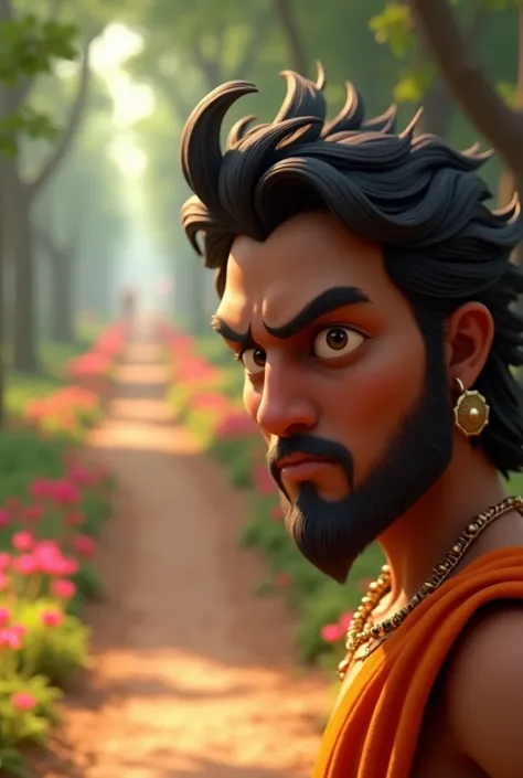 /imagine prompt: 3D animation, personality: (Sudamas face shows a mix of hesitation and determination, with furrowed brows and pursed lips. The path leading to Dwarka is visible in the background, lined with trees and flowers, symbolizing the journey ahead...