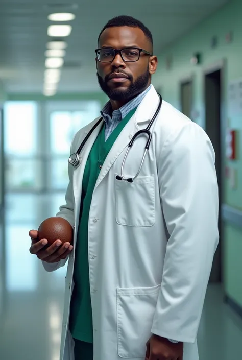 An Ethiopian muscular doctor with glass on and wears white coat and have stethoscope on his neck and hold a brown small ball on his right hand