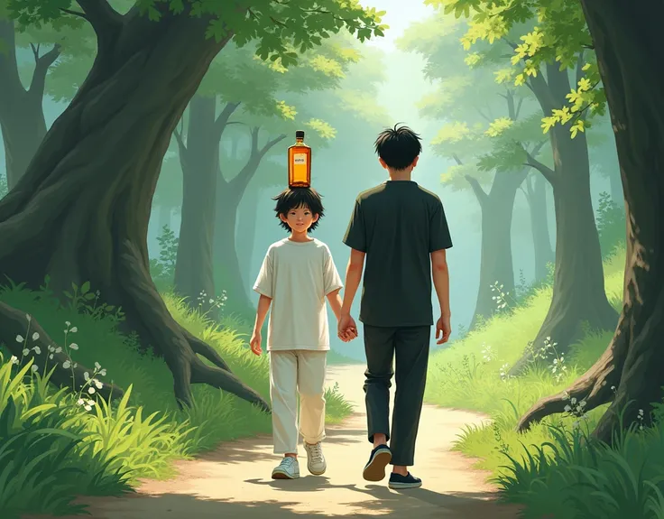 Young Korean boy walks with herbal wine on his head with long hair in a white oversized T-shirt, wide white pants in white sneakers, is coming close, holding hands with her tall male friend, who is wearing a black shirt without a tie, black trousers and bl...