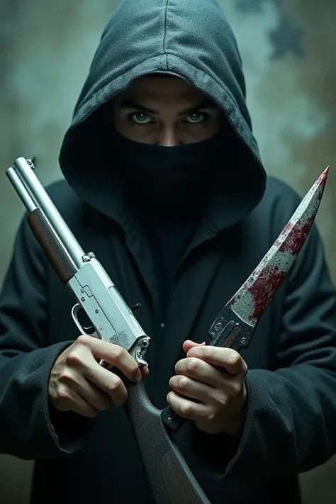 Full image of a hooded figure. The face is hidden by the hood, but only kind-looking green eyes are visible. In his right hand he is holding a white shotgun.、In his left hand he holds a bloody black dagger.