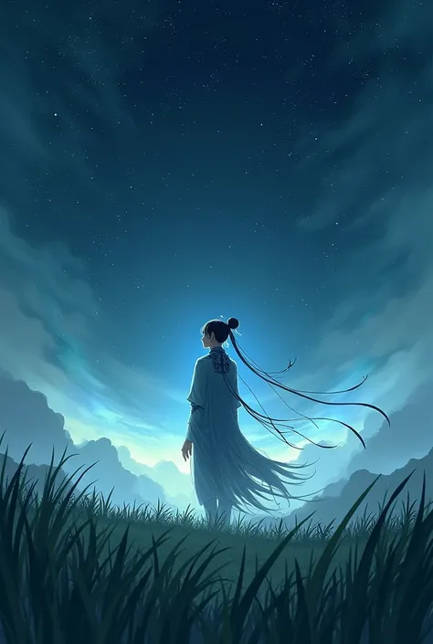 xiao genshin impact in the middle of green grass in the night sky accompanied by stars