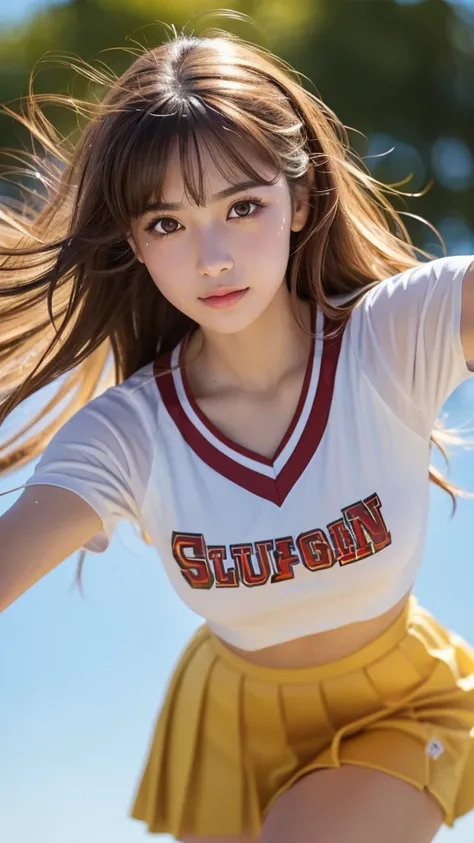 masterpiece, Highest quality, Very detailed, High resolution, (Realistic, photoRealistic:1.37), Excellent anatomy, One beautiful woman, Cheerleader, A small smile, cheer leading, Cheerleader uniform, (shape), Micro Pleated Mini Skirt, ((Very delicate and b...