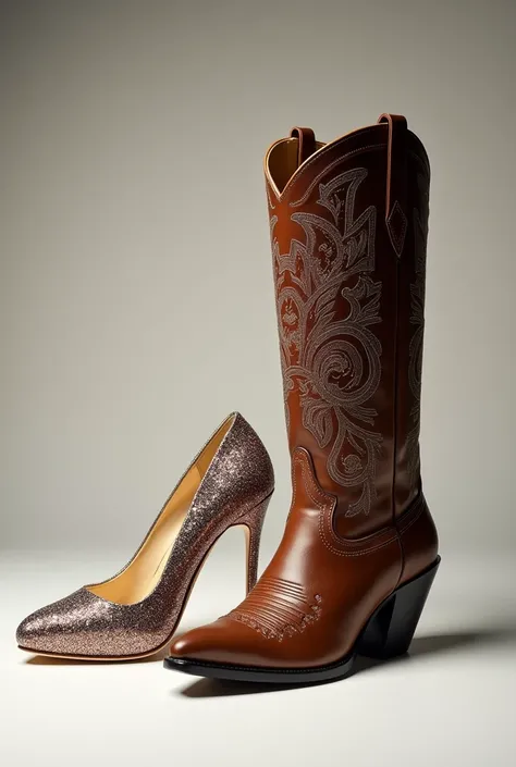 photo of an open high heel with glitter and a women&#39;s cowtry boot without a heel on the side