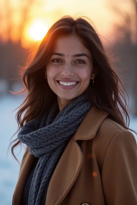 There is a young, Beautiful indian woman, who looks to the future like Katrina Kaif, Smiles into the camera, beautiful teeth, She looks into the camera, a portrait from raw photo, feet, hands, body, winter, coat, modern scarf, sunset, lighting, 
