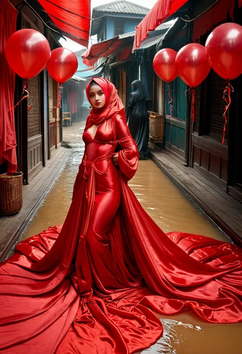 A woman shrouded in a 9-meter-long, plush red satin cloth, tightly bound and grandly draping along the form of her body, flowing off into a pooled floor-length train, styled in a mermaid-inspired outfit with ballon sleeve, her head modestly veiled in a sat...