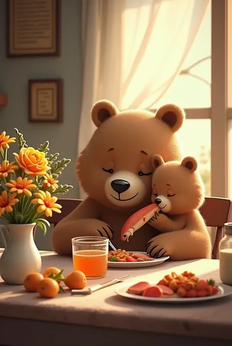 Mother bear and cub eating fish on the dining table, on the dining table there is honey and milk,flower vase