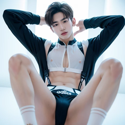 Korean handsome and handsome male idol,20 years old, Small penis exposure,Wearing a white harness, Spread your legs, Exposing the skin, Pretty legs, Pretty Man, Adonis, thin arms, breast exposure,long sleeves, selling oneself, During the exposure show stag...