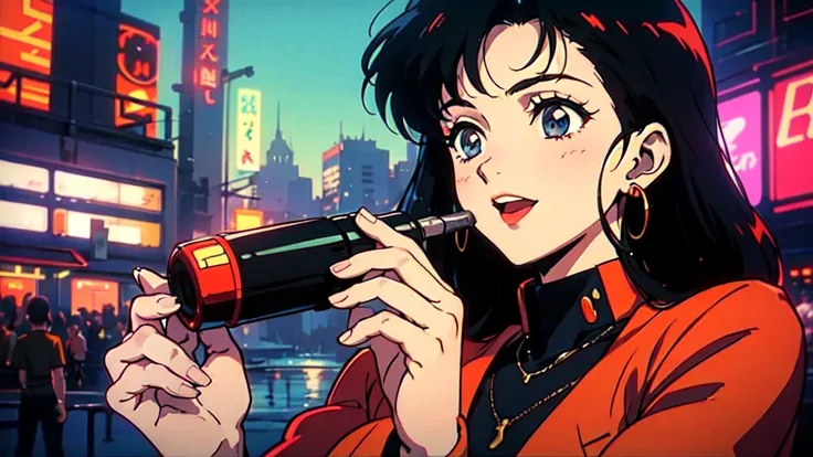 80s, Retro, City Pop, (Album cover), masterpiece, Highest quality, (anime, shape),  Close-up, One girl, Shortcuts, Singing with a smile, cyber punk
