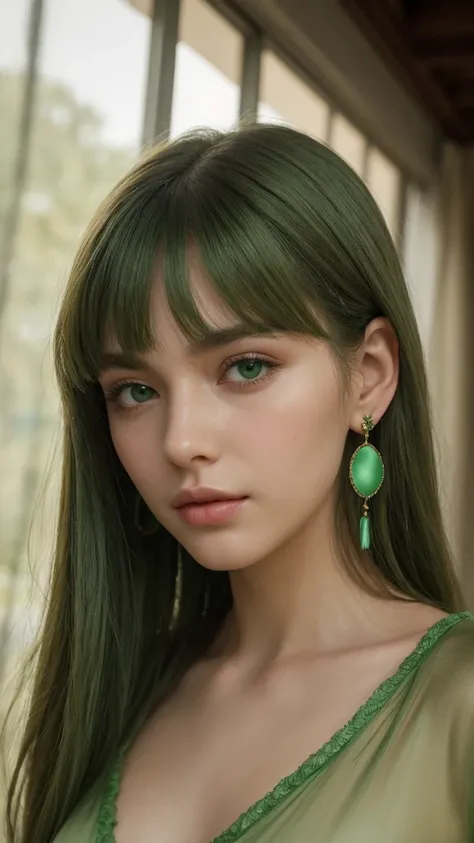 a girl. European. Extremely detailed face. Oval face. Delicate facial features. Half-closed eyes. Long straight hair. Messy hair. Bangs. Green hair. Green eyes. earrings. Green silk nightgown. sultry