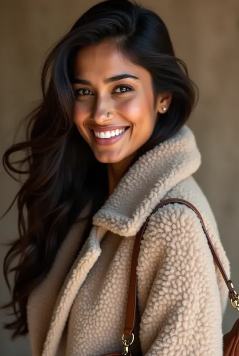 There is a young, Beautiful indian woman, who looks to the future like Katrina Kaif, Smiles into the camera, beautiful teeth, She looks into the camera, a portrait from raw photo, feet, hands, body, winter, coat, handbag,
