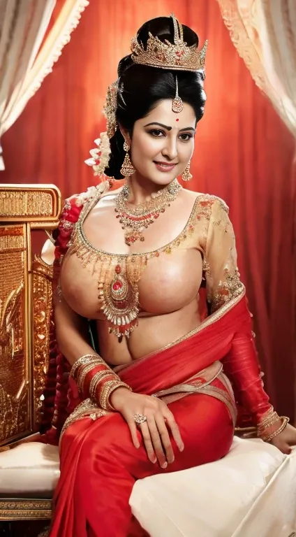 The beautiful Indian Queen, she has big beautiful breasts, wearing a fiery red sari, low cut, showing her plump breasts, complete with Indian queen jewelry, she is thirty years old, sitting on a golden throne, sitting with one leg raised, showing beautiful...