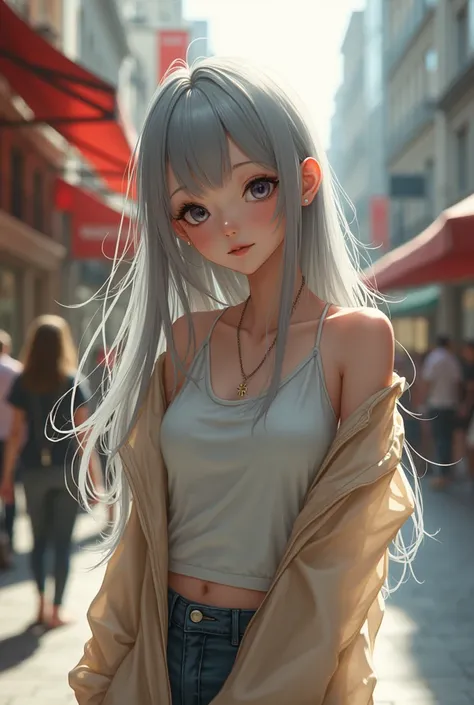 (One person, slim,small breasts,bangs,silver long hair,Slope_eye),BREAK,(date me at street,happy with me),BREAK,Conceptual Art, masterpiece, Super Detail, Attention to detail, high quality, 最high quality, High resolution