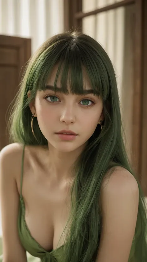 a girl. European. Extremely detailed face. Oval face. Delicate facial features. Half-closed eyes. Long straight hair. Messy hair. Bangs. Green hair. Green eyes. earrings. Green silk nightgown. sultry