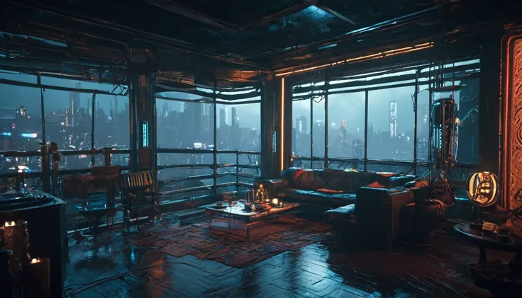 A gloomy dark living room in the balcony porch，There is a sofa and a table with candles., Through two ruined walls separated by wall masts，可以俯瞰夜晚的银翼杀手Cyberpunk环境, Matte inspired by Mike Winkelmann, cg Club Competition Winners, Retro-futurism, Like a scene ...