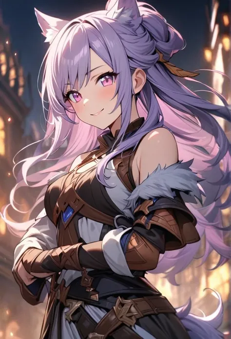 Solo, 1girl, light purple hair, pink eyes, (((high quality))), masterpiece, detailed face, fantasy design, fantasy clothes, Smile, fantasy beautiful clothes, Wolf Ears, short hair, fantasy combat clothes, Long Hair, half hair up, ((half updo))