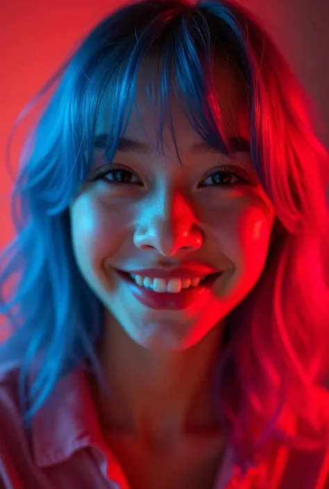 kfukvf-1990, smile, Blue and pink hair, Portrait of a person, Inspired by Cindy Sherman, Unsplash, Red and Cinematic Lighting, A close-up portrait of a young teenage girl, Fisheye Portrait, XF35mmF1.4R, f/2.8, 35.0mm, 1/200, ISO500