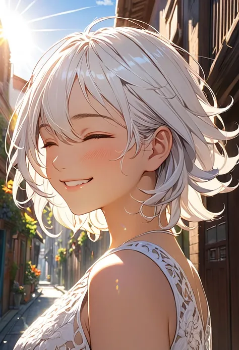 (Masterpiece, best quality), (real pictures, intricate details), (afternoon, sun, sunny) Alley mouth, embrace the sun, the sun hits the body, the eyes are slightly closed. (1 girl, messy short white hair, embracing the sun, smiling raised chin, side face) ...