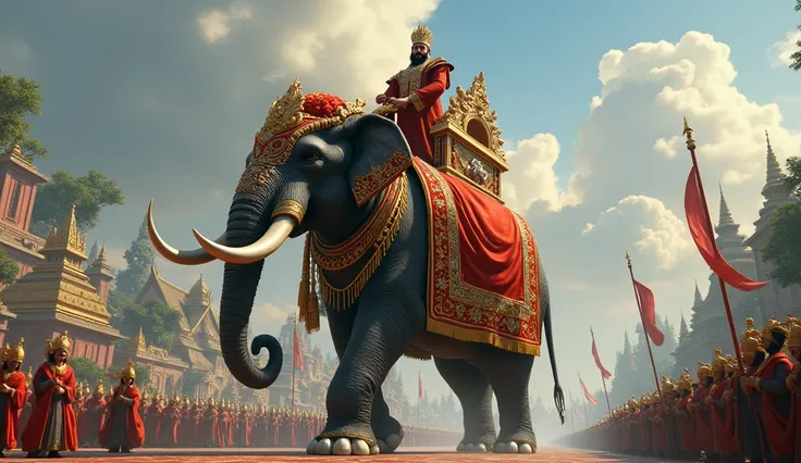 The king was riding on a huge royal elephant. The elephant was decorated grandly and its grandeur was a sight to behold.