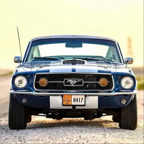 a close up of a blue mustang parked on a gravel road, mustang, muscle cars, front profile shot, front profile!!!!, looking regal and classic, front on, front shot, front profile, profile picture, frontal shot, front perspective, front face, frontal, long f...