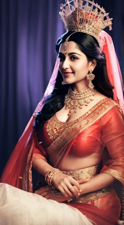 the beautiful indian queen, she has big beautiful breasts, a small waist, wide hips, wearing a fiery red sari that is so thin th...