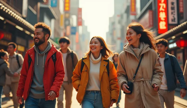 a happy group of people walking on the Tokyo streets, extremely detailed, photorealistic, vibrant colors, warm lighting, beautiful architecture in the background, intricate details, cinematic composition, dynamic movement, high quality, masterpiece