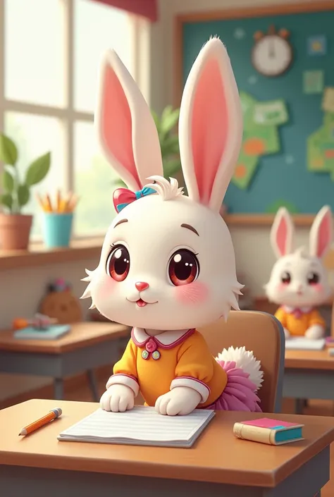 A little bunny wearing female clothes with a classroom background sitting with her animal classmate in cartoon style 