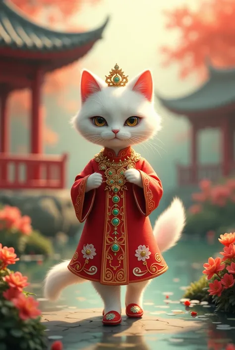 "A white cat walking on her hind legs in a tranquil Chinese tea garden, wearing a traditional Han Chinese bridal dress. The cat is adorned with jade and gold jewelry, a red and gold qipao with intricate embroidery, a phoenix crown, and embroidered silk sli...